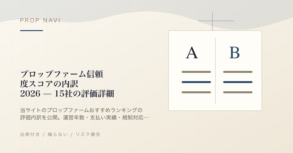 プロップファーム信頼度スコアの内訳 2026 — 15社の評価詳細