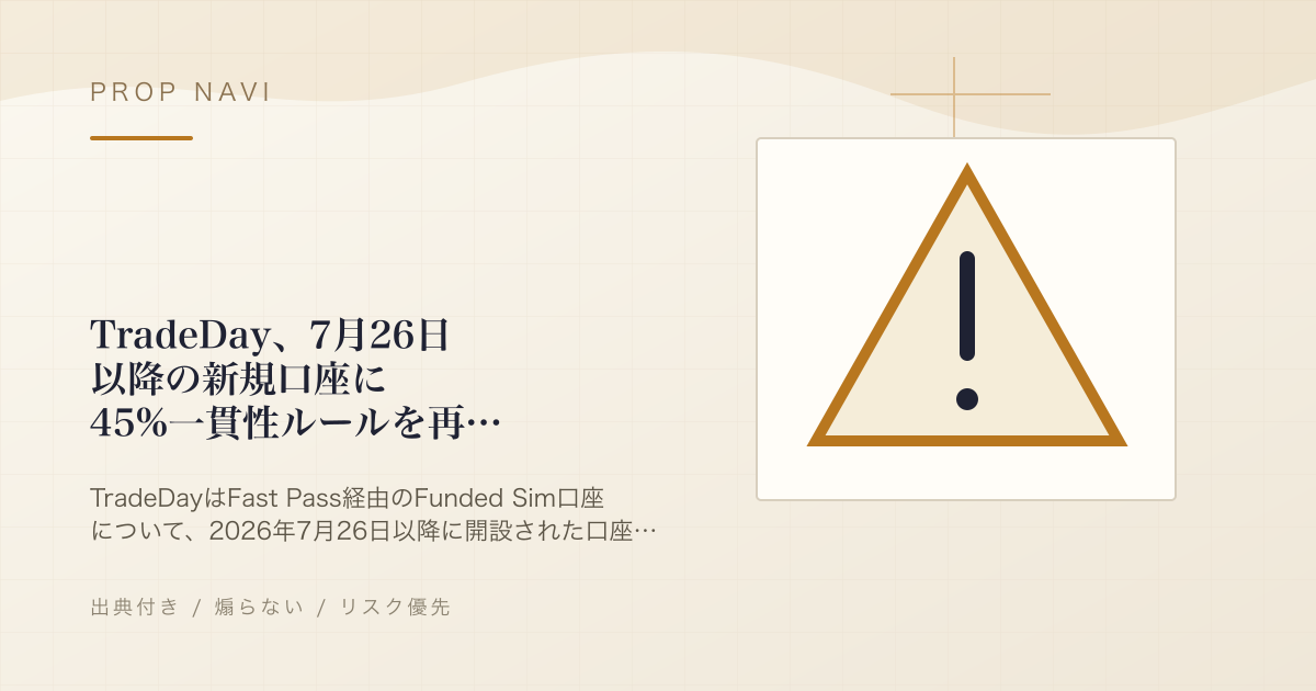 TradeDay、7月26日以降の新規口座に45%一貫性ルールを再導入 — 1回あたりの出金上限も引き下げ